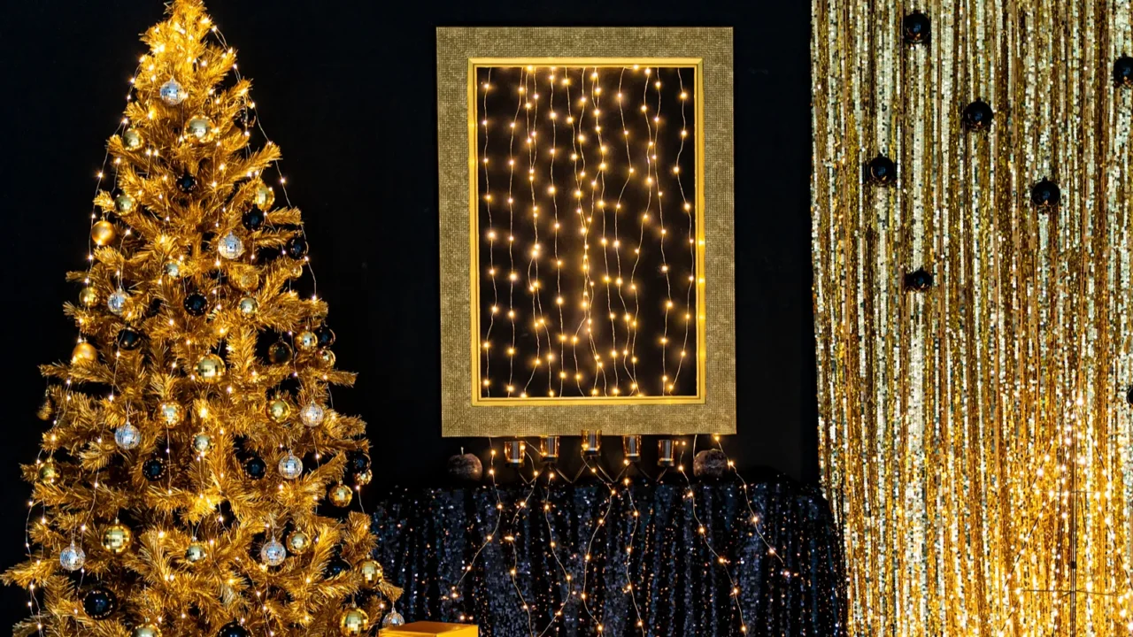 beautiful modern luxury location with shining gold christmas tree and