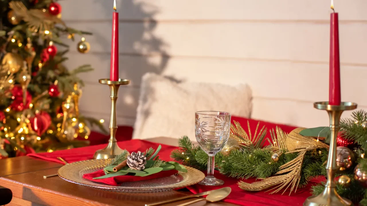 beautiful table setting with christmas decorations and dishware in living