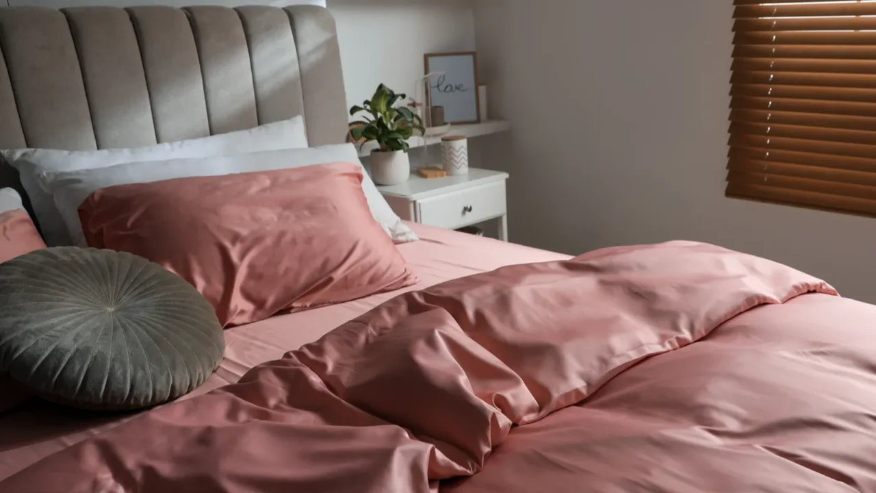 Pink bedding with beautiful silky linens in stylish room interior. Gray cushion is on the bed and on side is a table with a frame and small planter. Brown blinds on the window.