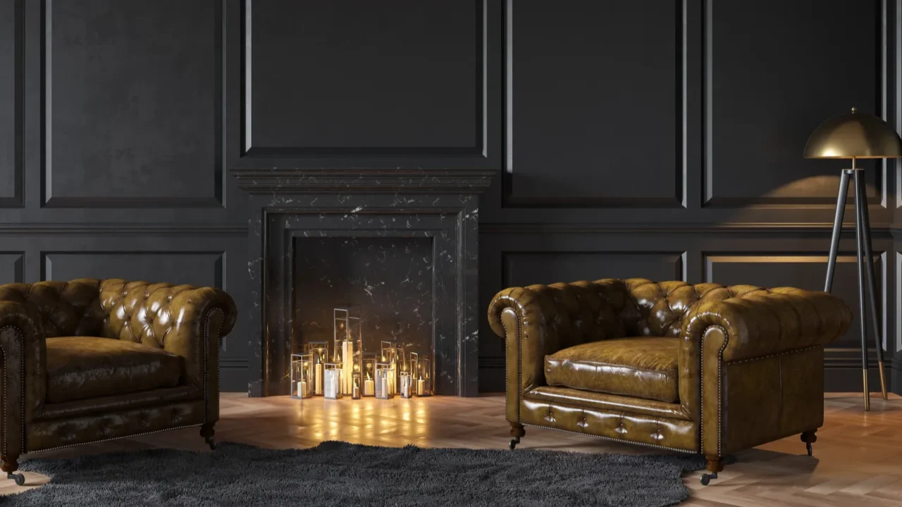 Black classic interior with fireplace leather armchairs carpet candles.