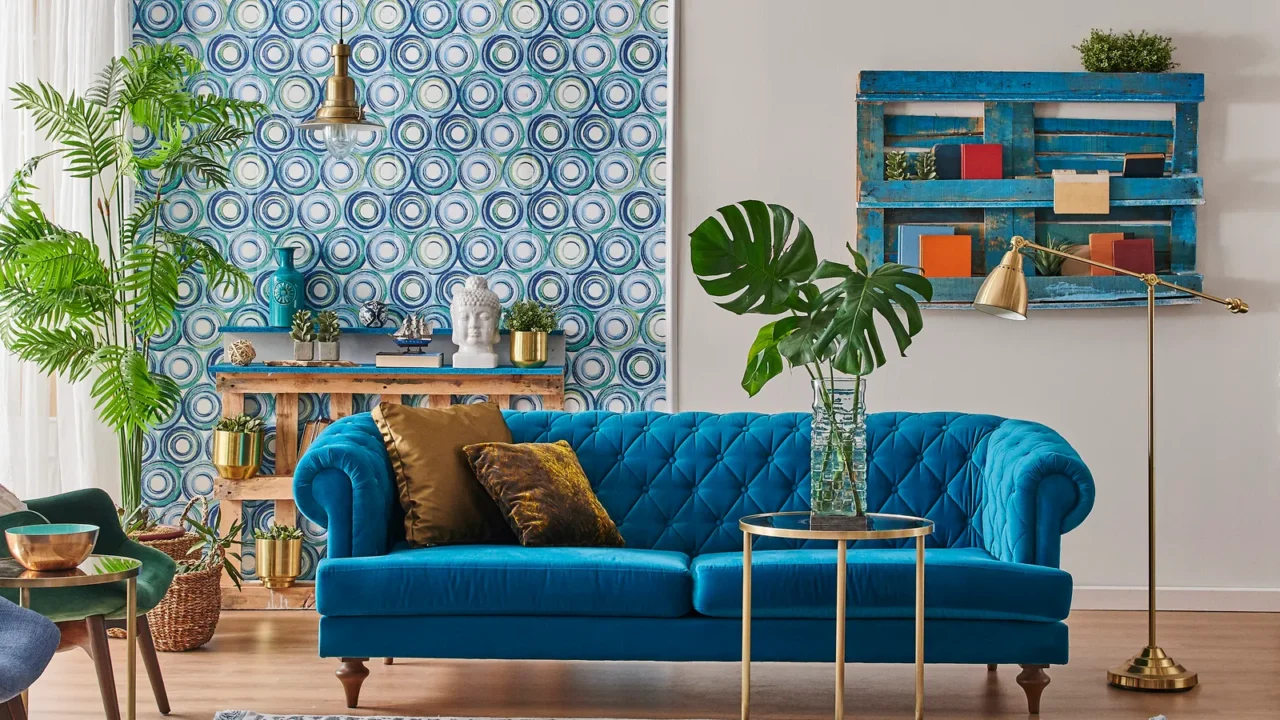 blue wallpaper and sofa furniture style decorative wooden palette bookshelf