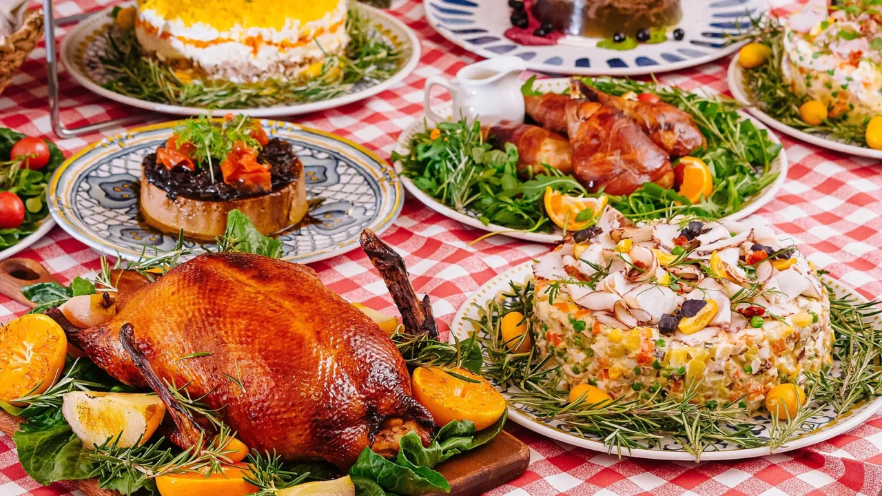 bountiful christmas dinner spread with roasted turkey and seasonal side