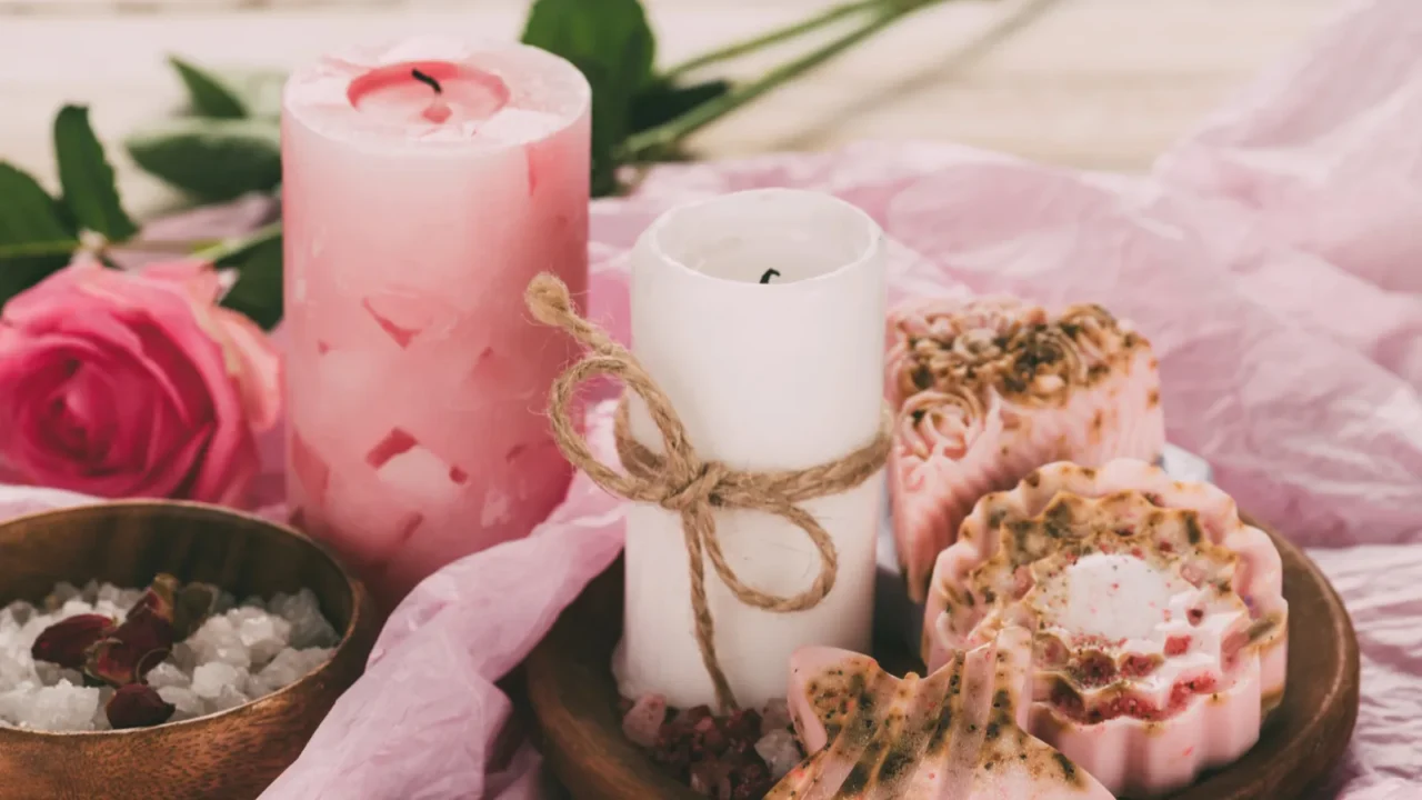 Pink candles and roses on a wooden tray.