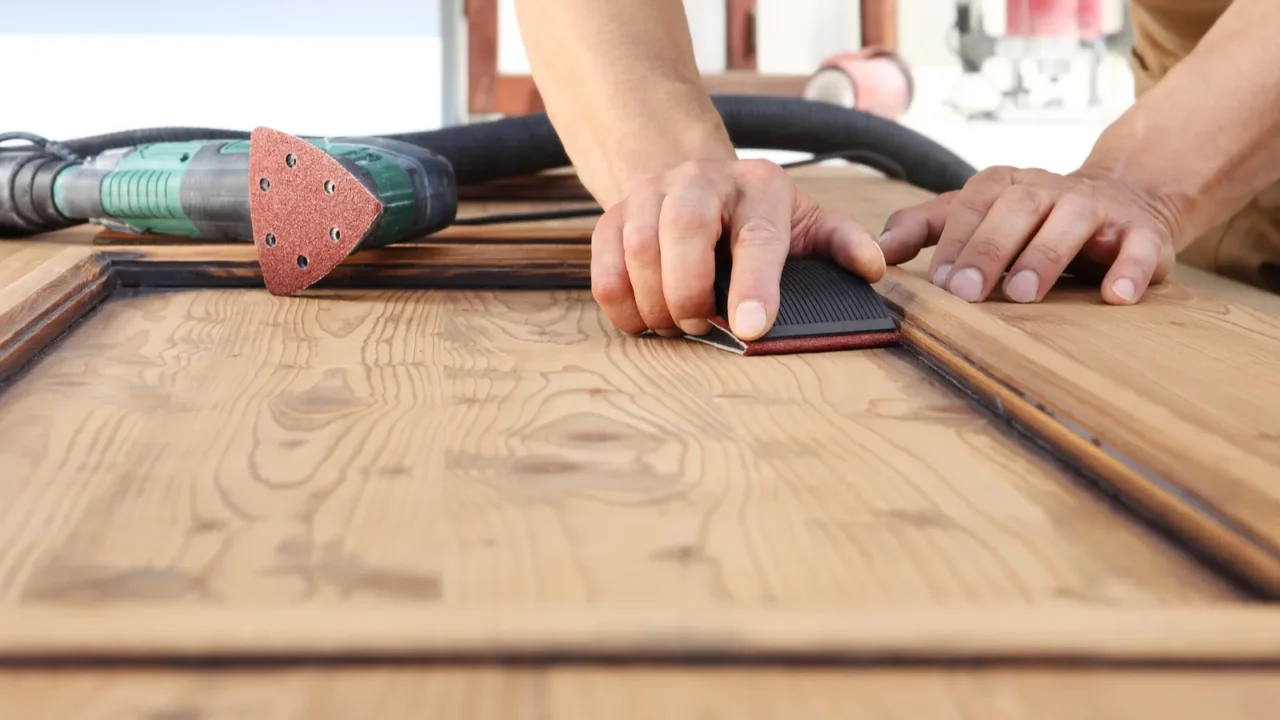 carpenterr hands work the wood with sandpaper and sander