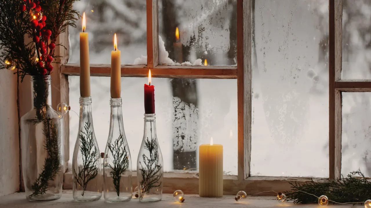 christmas decor on background old wooden window