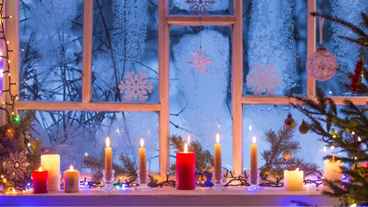 christmas decorations on old wooden window