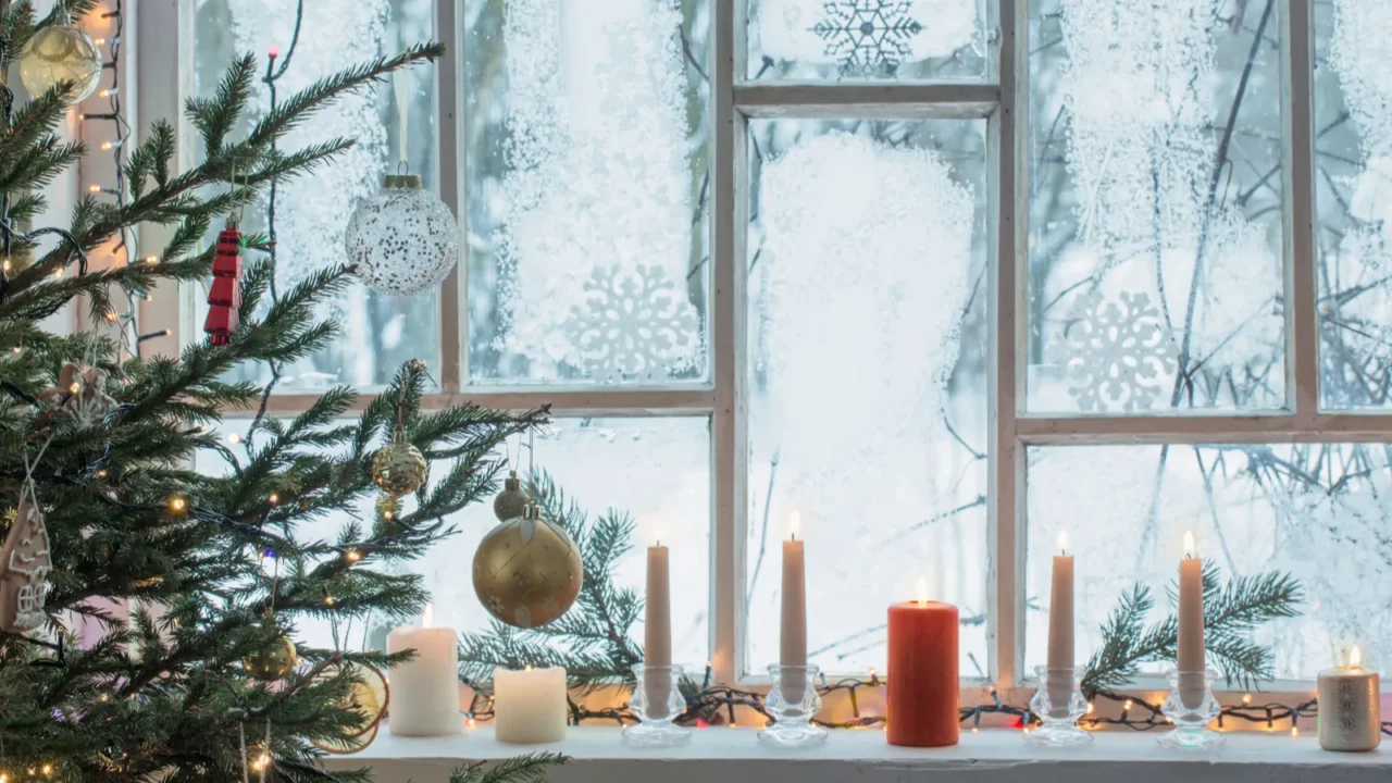 Christmas decorations on old wooden window