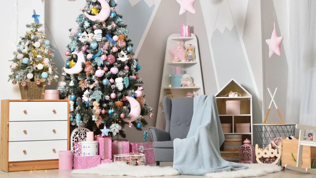 christmas decorations with a christmas tree in a bright childrens