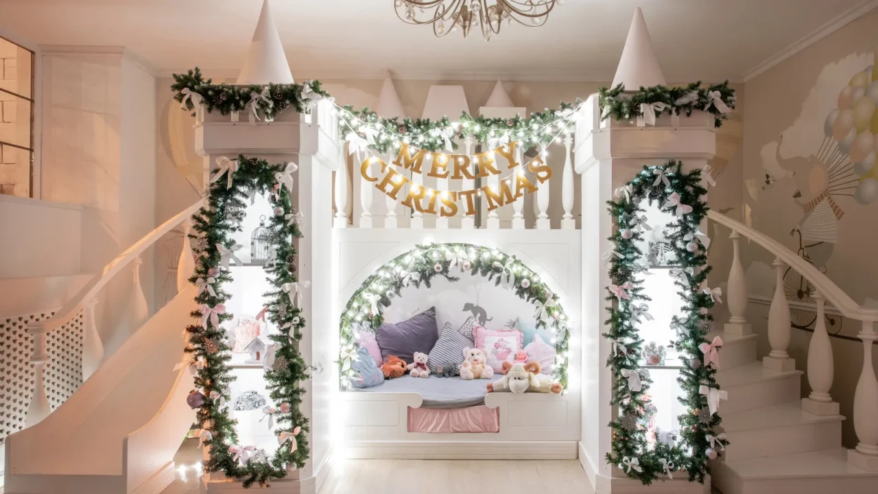 christmas evening interior of a spacious childrens room decorative castle