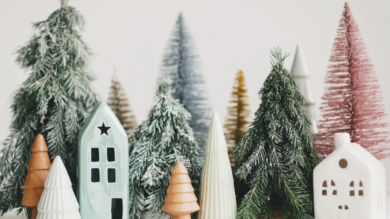 christmas little houses and trees on white background festive modern