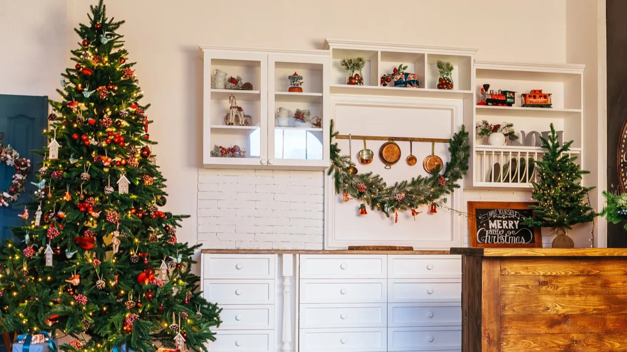 christmas living room with a christmas tree gifts dining room