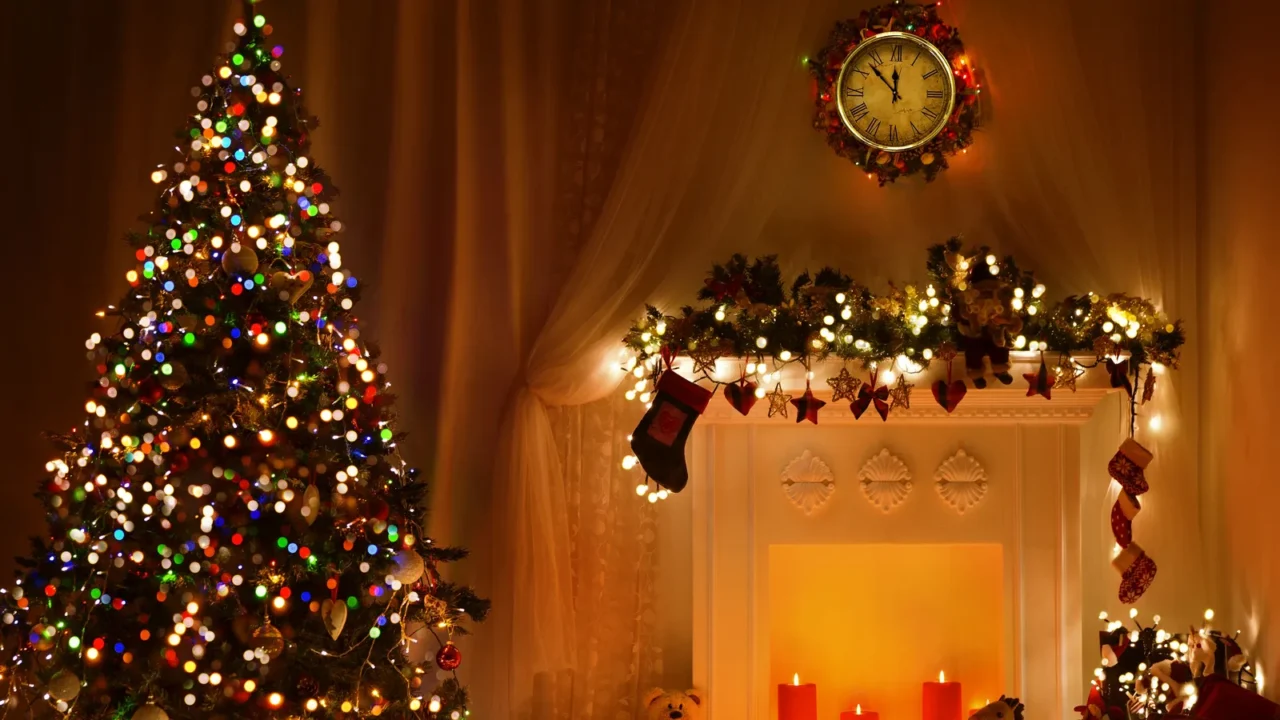 christmas room interior design xmas tree decorated by lights presents