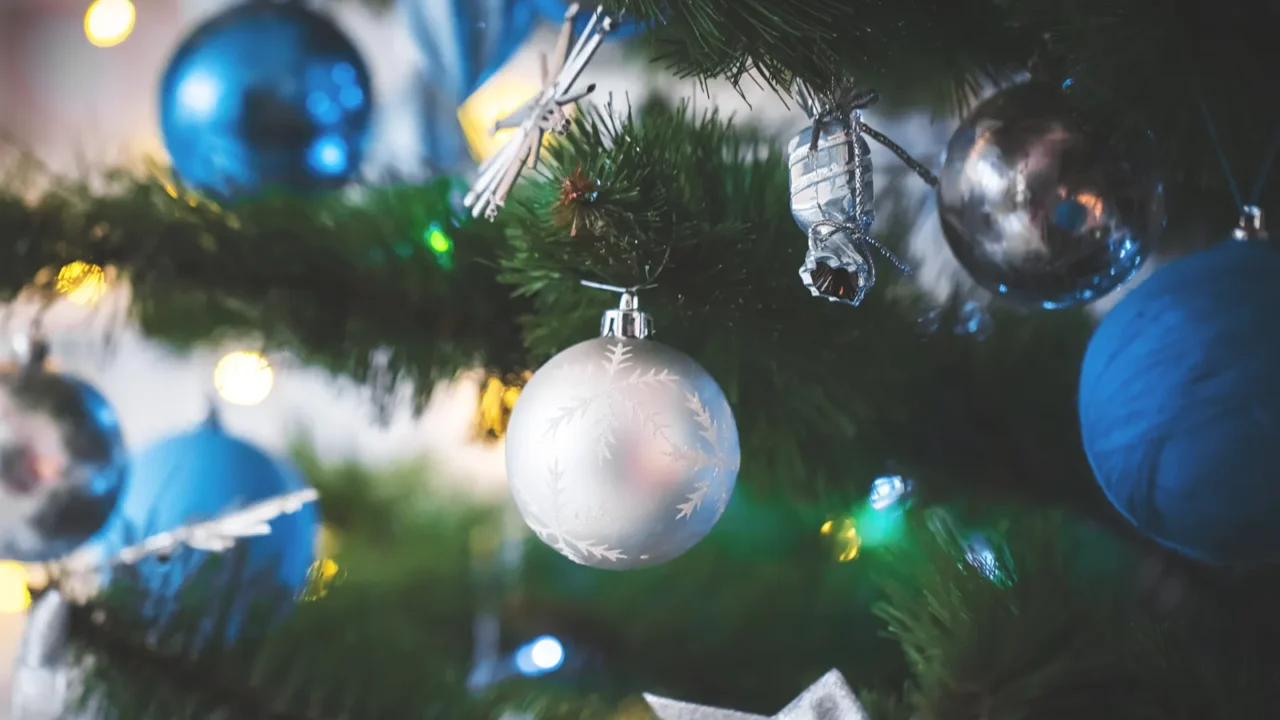 Christmas tree decorated with blue and silver baubles and garland.