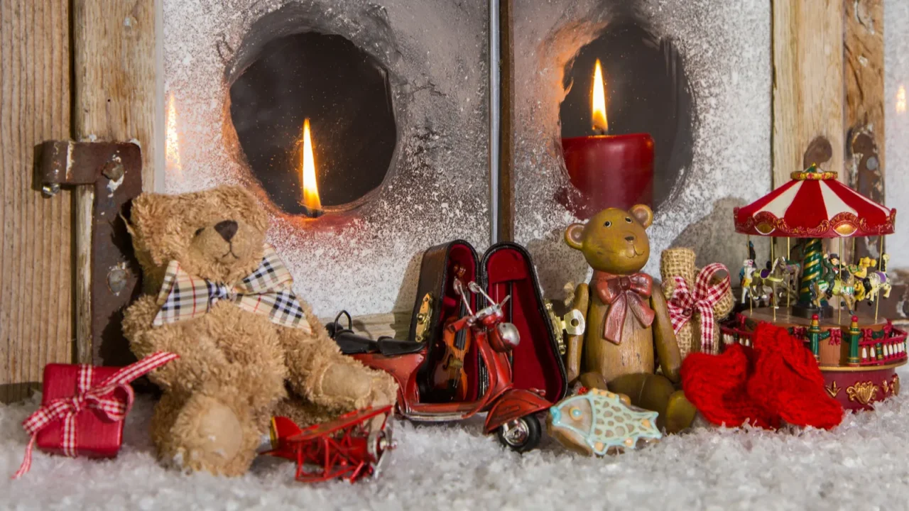 christmas window decoration candles with old children toys