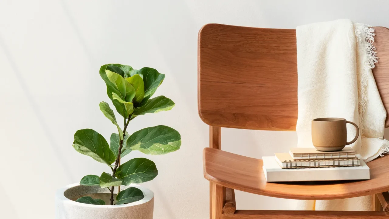 Classic wooden chair by a fiddleleaf fig plant.