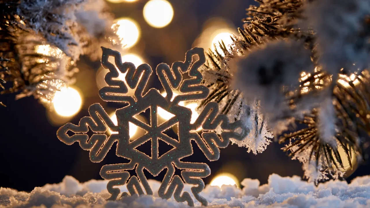 A close up of decorative snowflake with spruce branches in snow