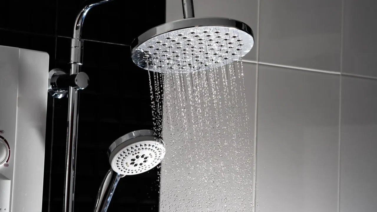 close up of water flowing from shower in the bathroom