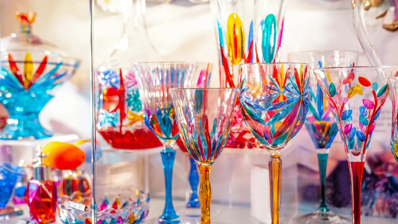 Colorful decorated objects made of a famous murano glass.