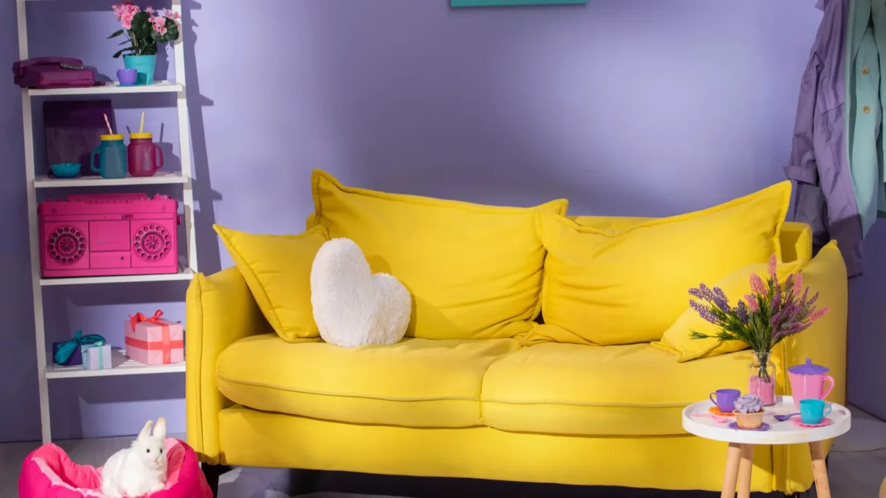 Colorful living room with yellow sofa