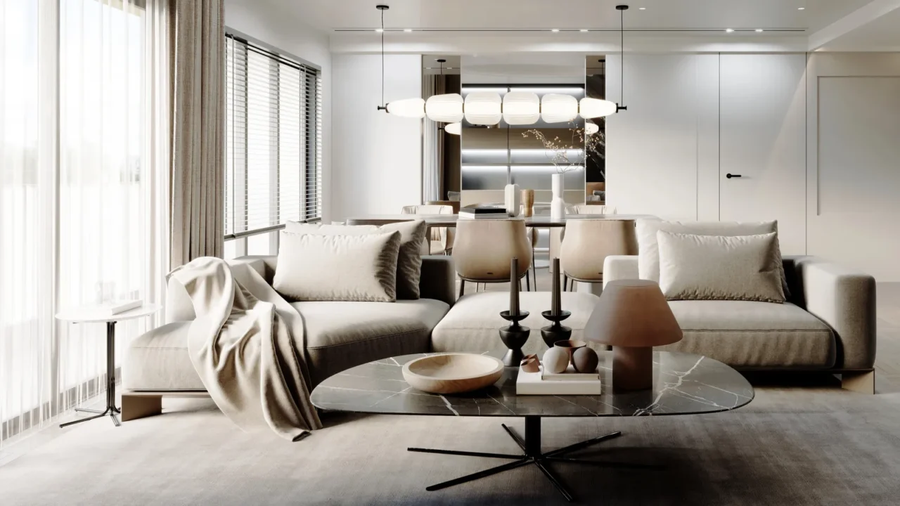 Contemporary living room with neutral tones sculptural pendant lights.