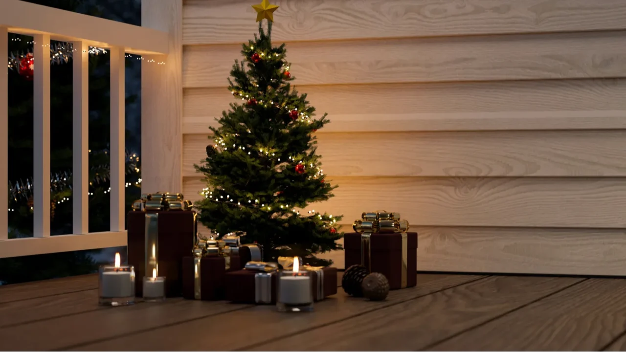 cozy home terrace on christmas holiday design with beautiful christmas