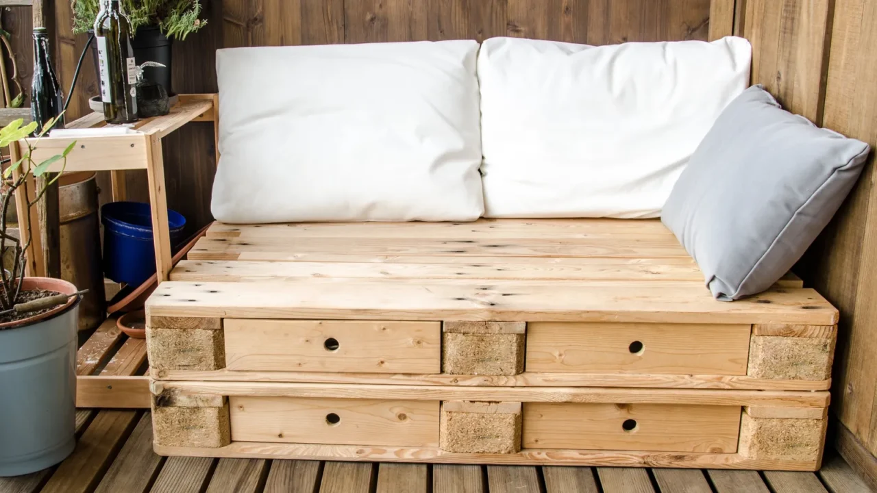 cozy wooden pallet couch on balcony