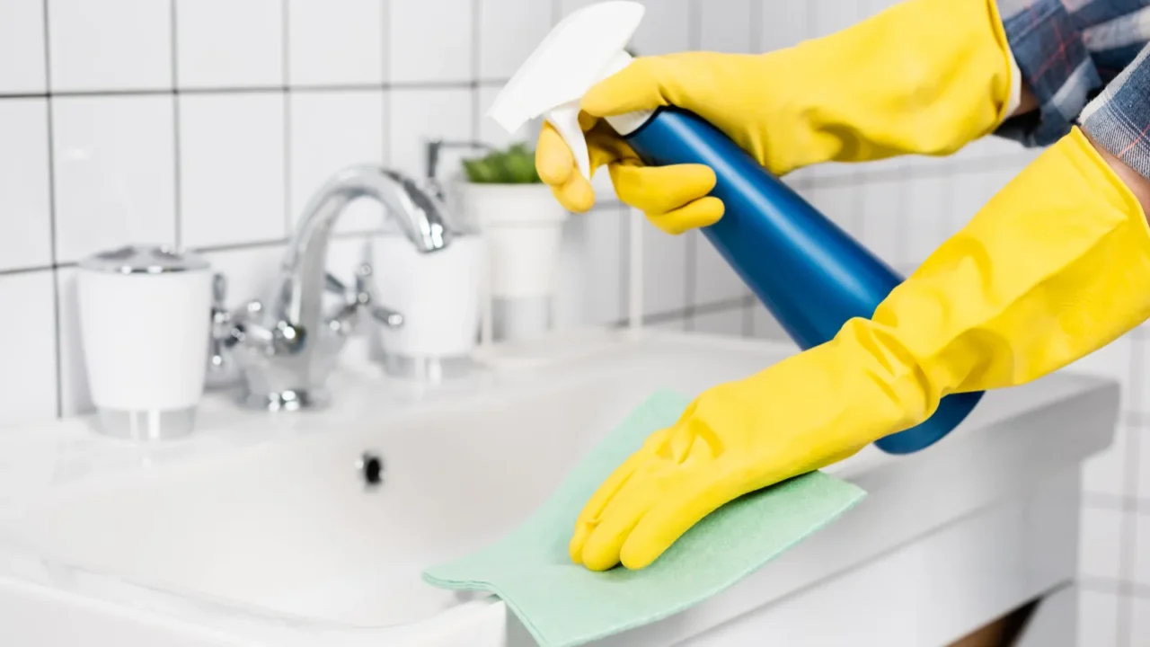 cropped view of young woman in rubber gloves cleaning sink