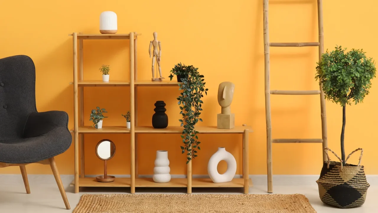 Dark grey armchair with shelving unit, sculptural decor, houseplants and ladder near orange wall.