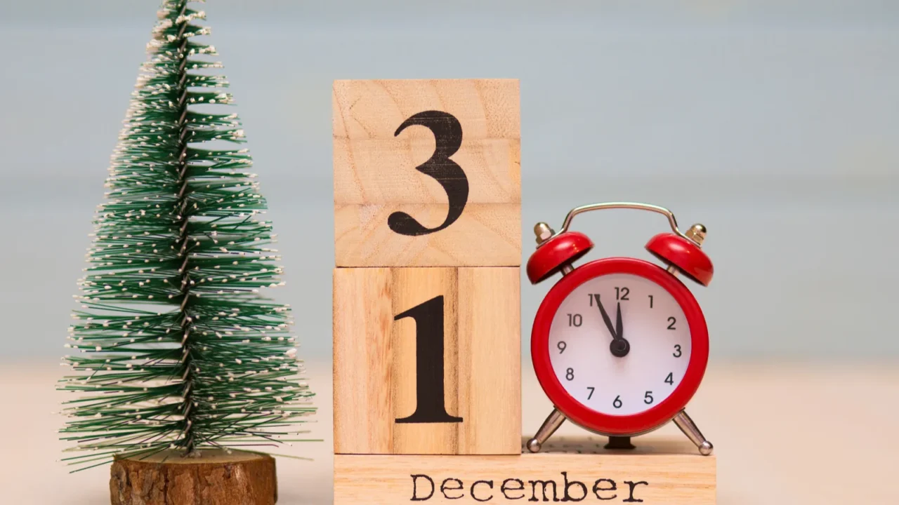 December 31st set on wooden calendar with new year tree