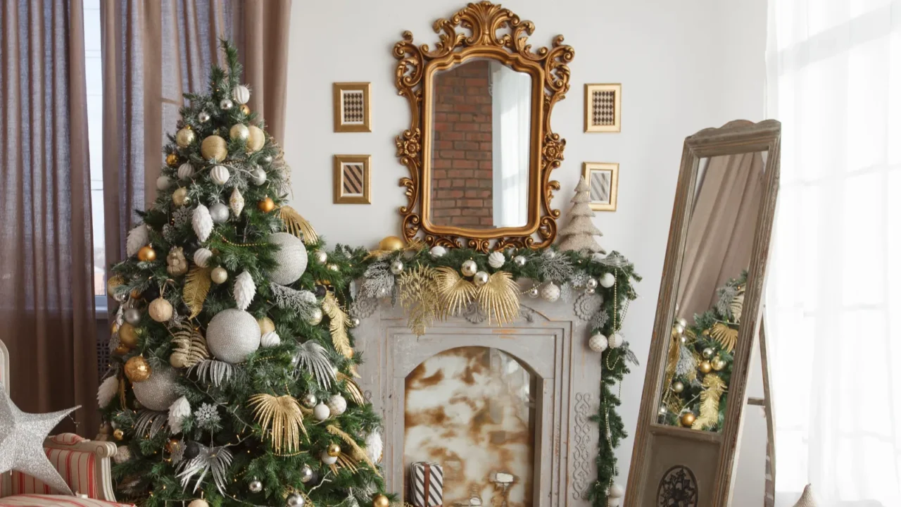 decorated christmas new year room with beautiful fir tree armchair