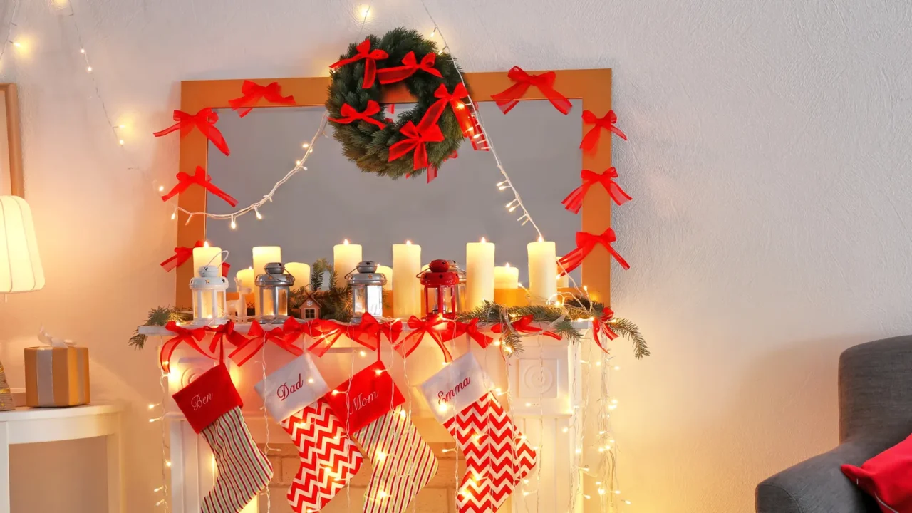 decorated fireplace with christmas lanterns