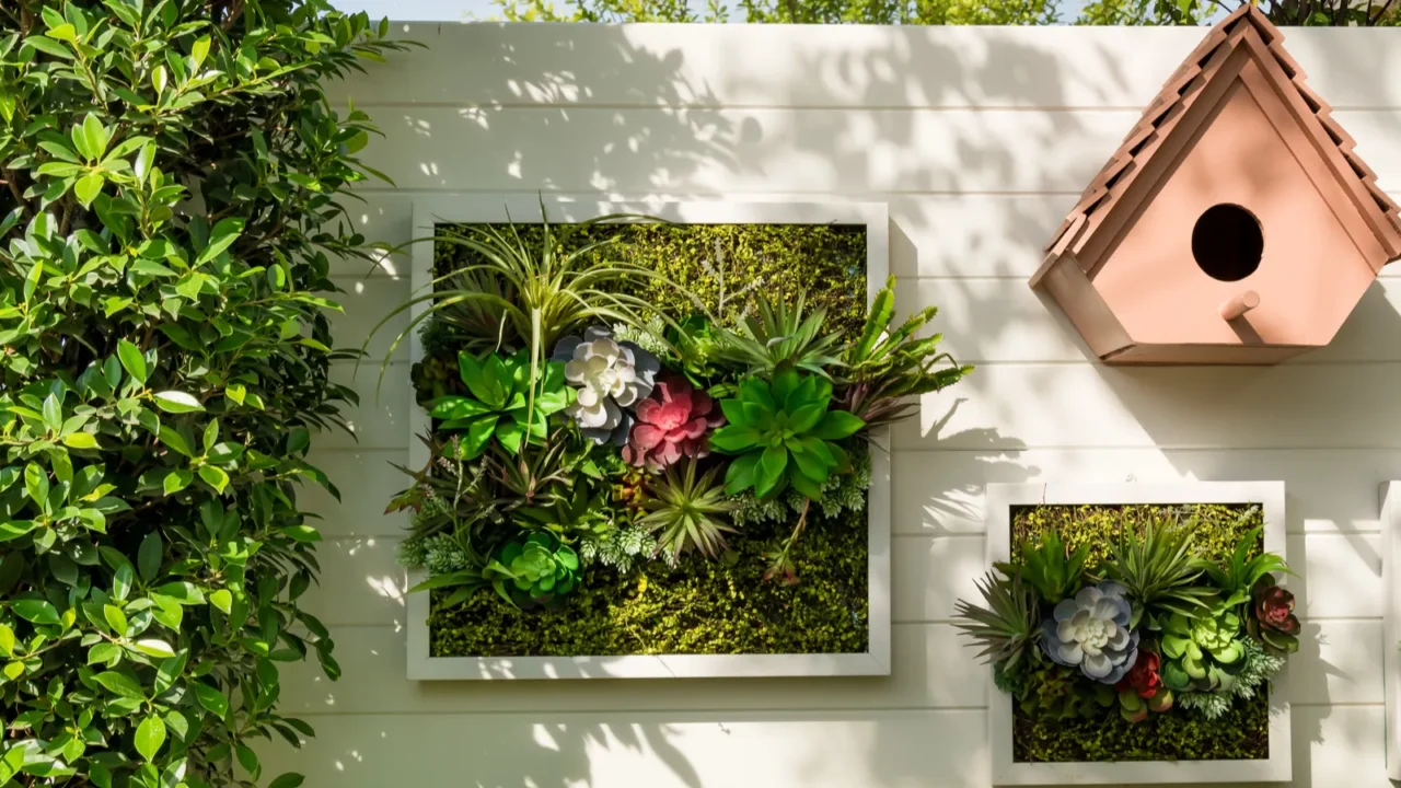 A decorated patio wall with vertical garden and birdfeeder.