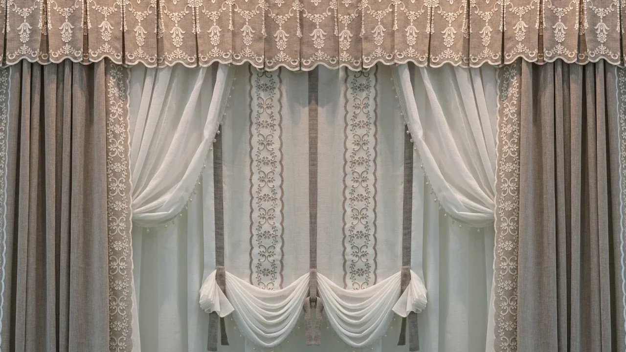 decoration of windows with linen cloth in gentle pastel colors