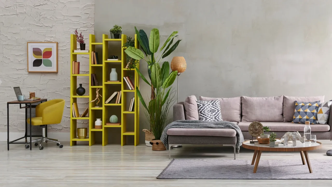 Grey sofa and wall background stone with yellow bookshelf and chair for a pop of color.