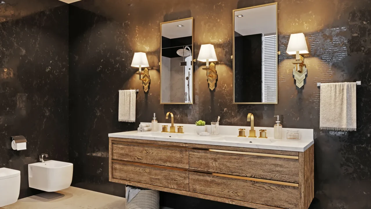 double wooden washbasin with two mirrors and a sconce on