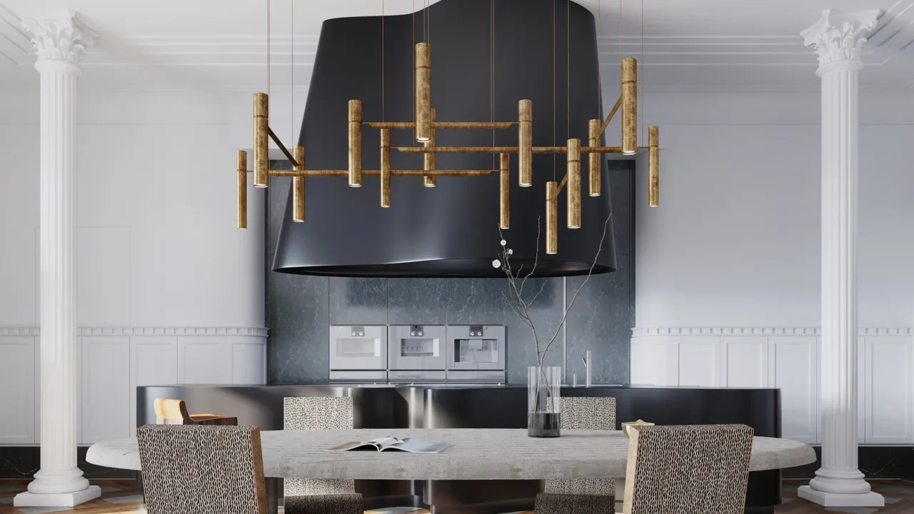 Eclectic dining room with sculptural chairs and brass chandelier.