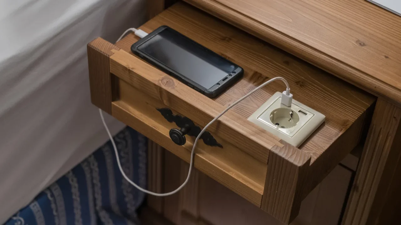 A wooden nightstand with integrated usb charging station.