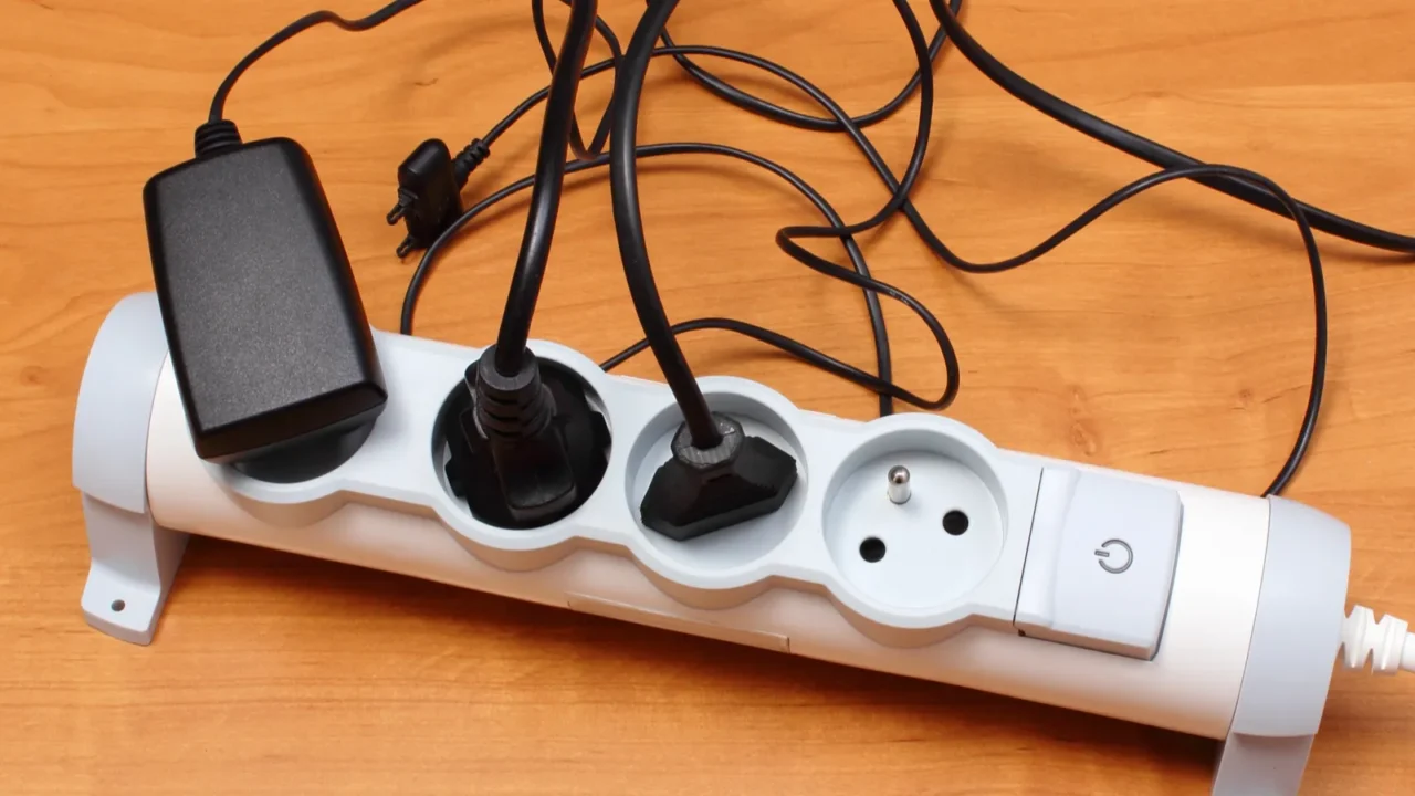 electrical cords connected to power strip energy saving