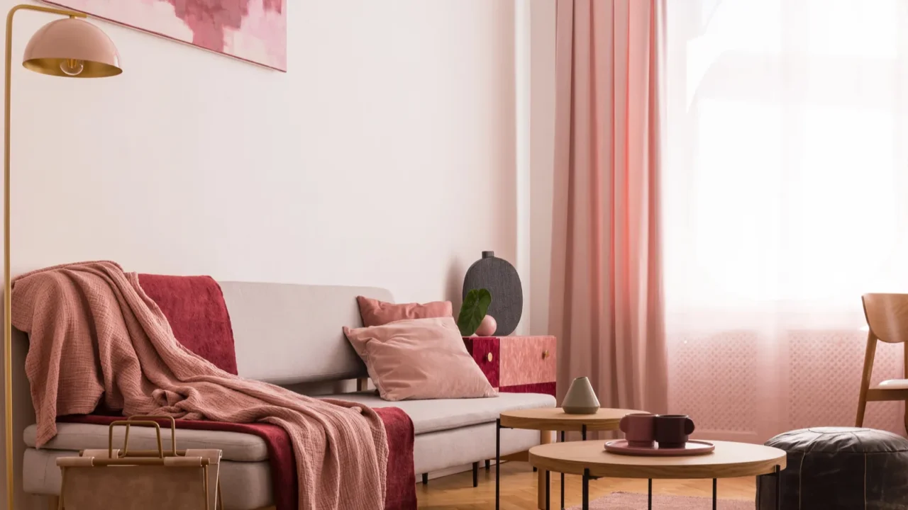 Elegant living room interior with trendy grey sofa and pink decor. Pink throws, cushions, curtains, rug, and frame.