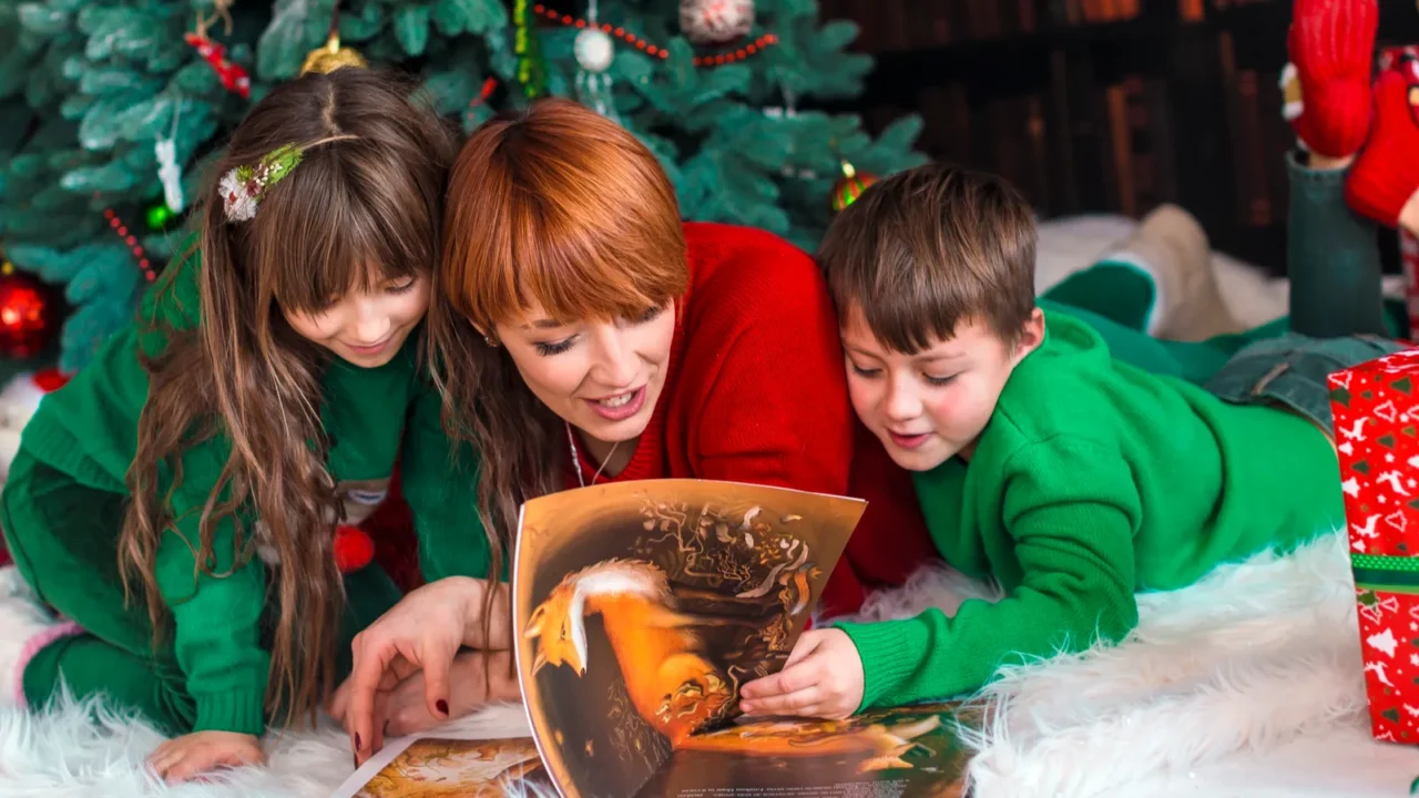 A family reading Christmas book