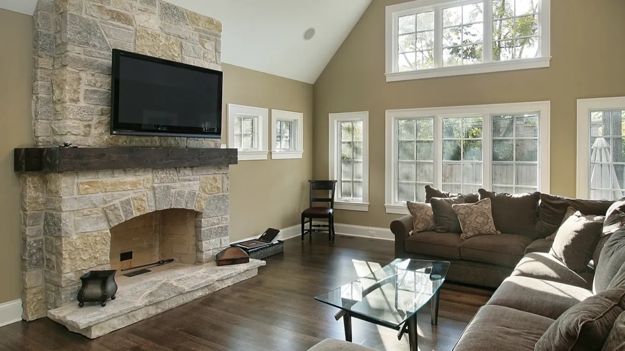 Family room with stone fireplace.