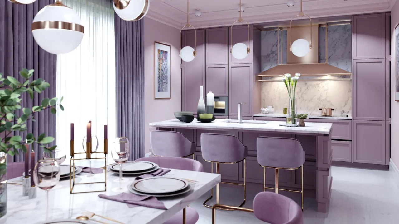 fashionable kitchen in a trend style lilac color furniture and