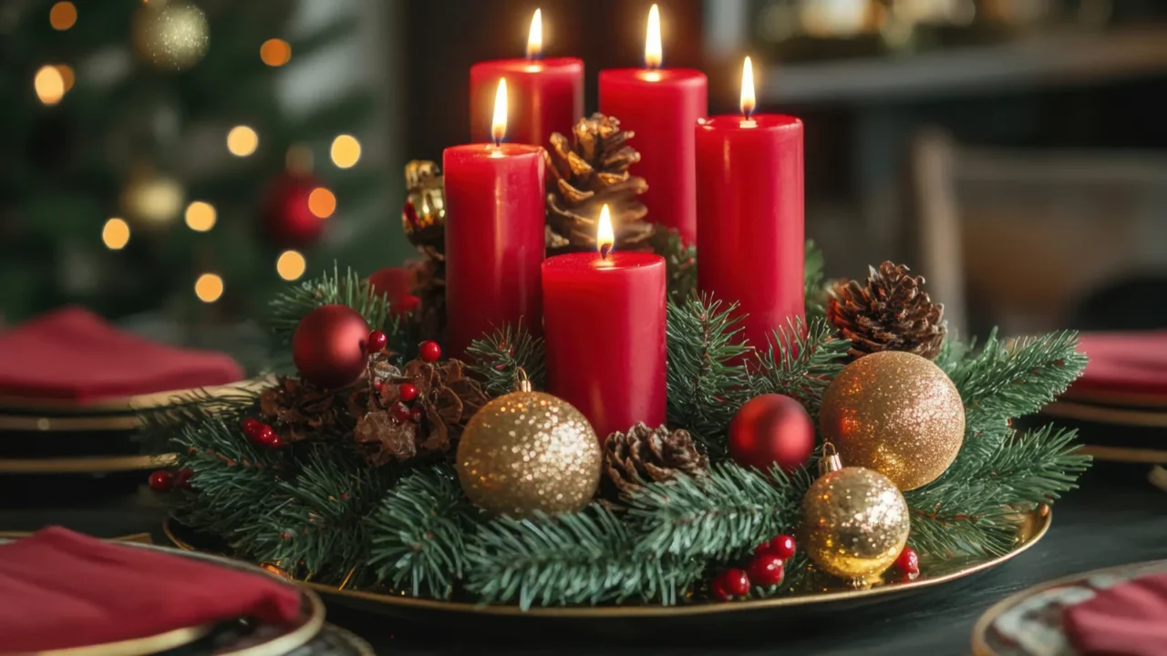 Festive centerpiece featuring red candles, pine branches and decorative ornaments.