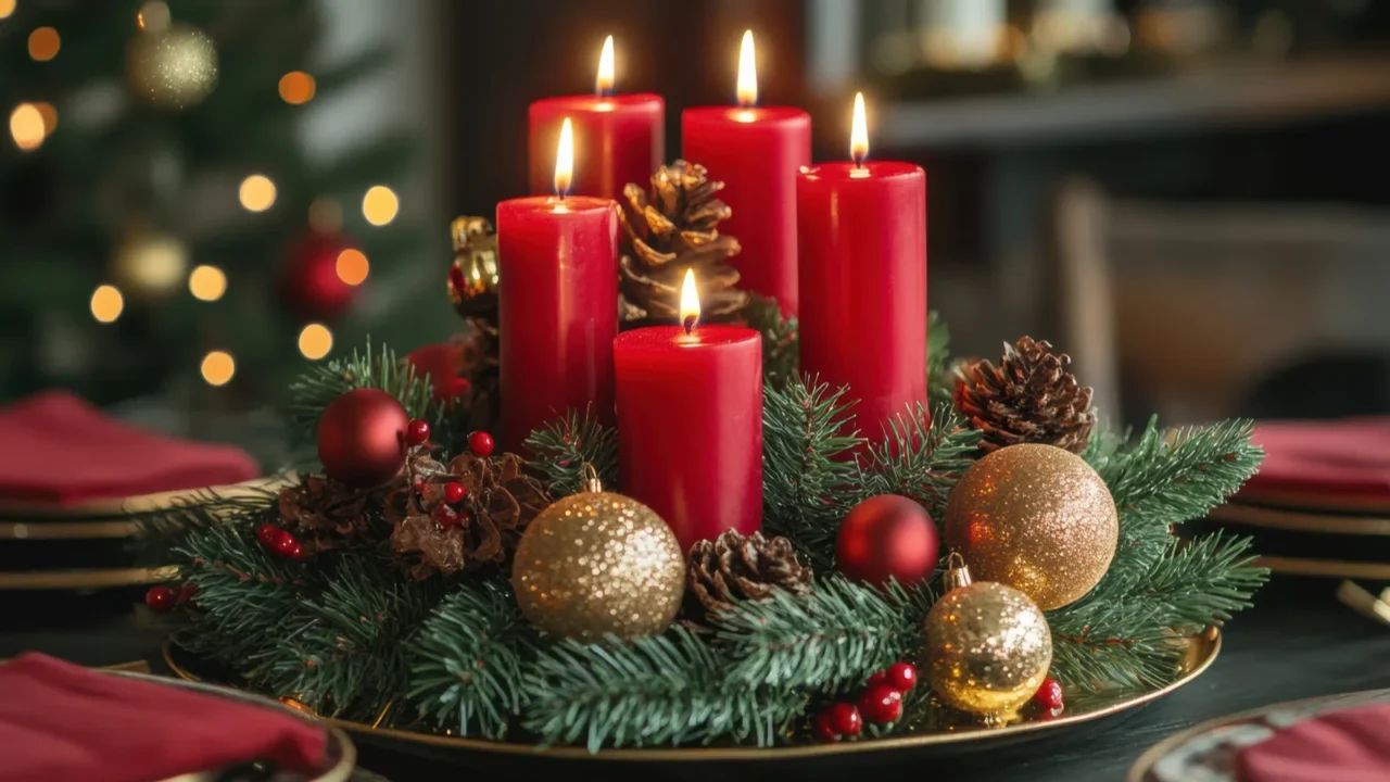 festive centerpiece featuring red candles pine branches and decorative ornaments