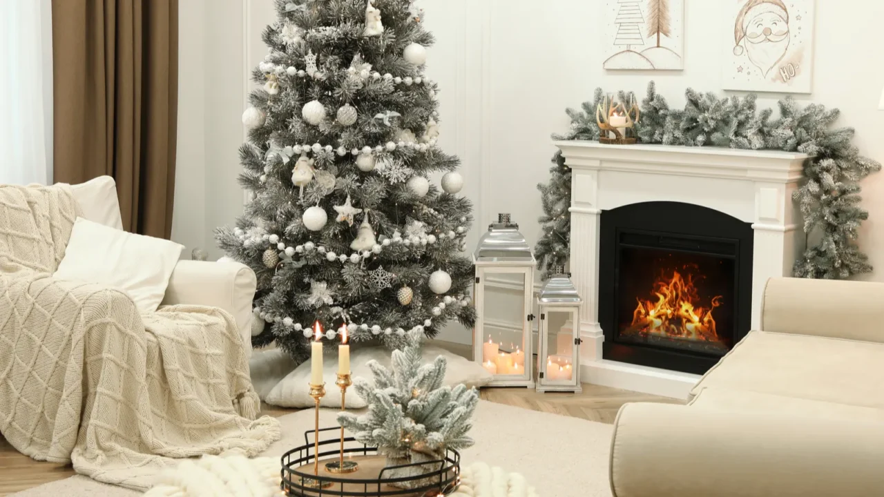 Fireplace in beautiful living room decorated for christmas