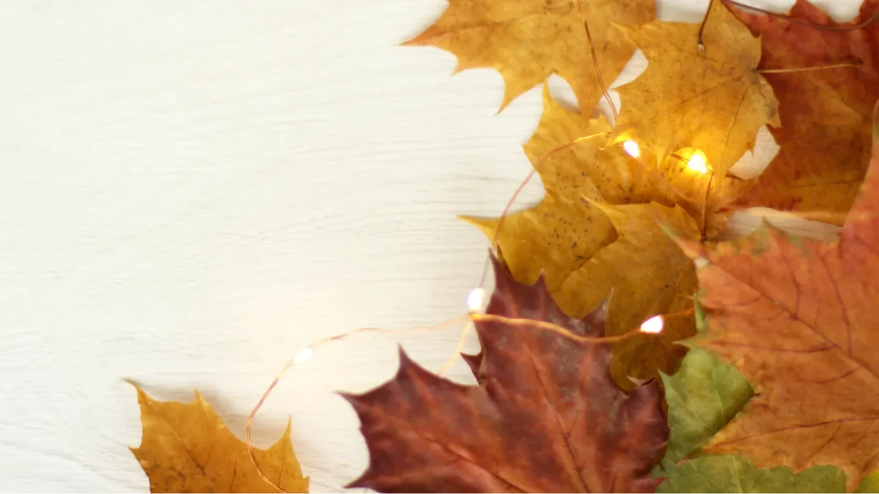 Maple leaves in lights of a garland on a light wooden surface.