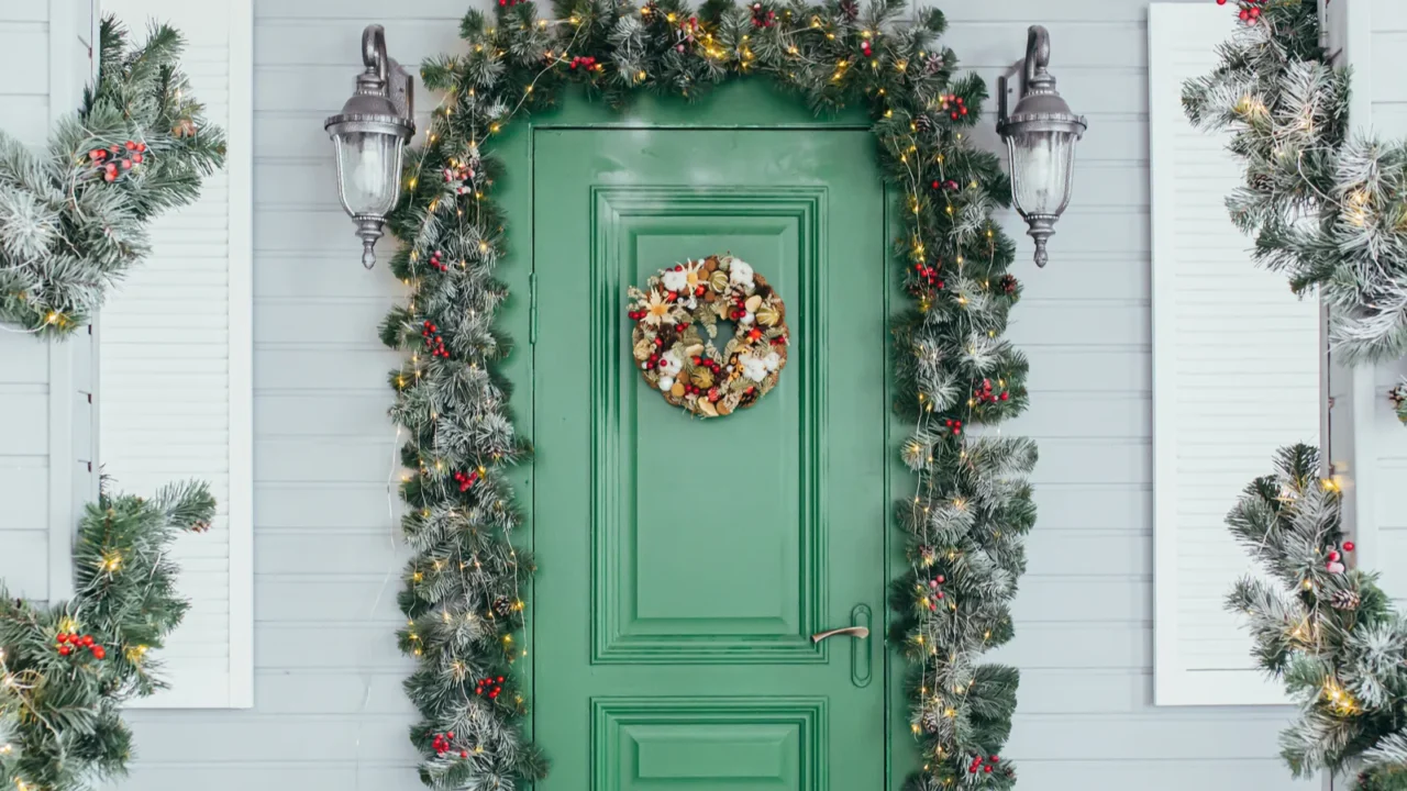 green door entrance to the house christmas festive deco decorated