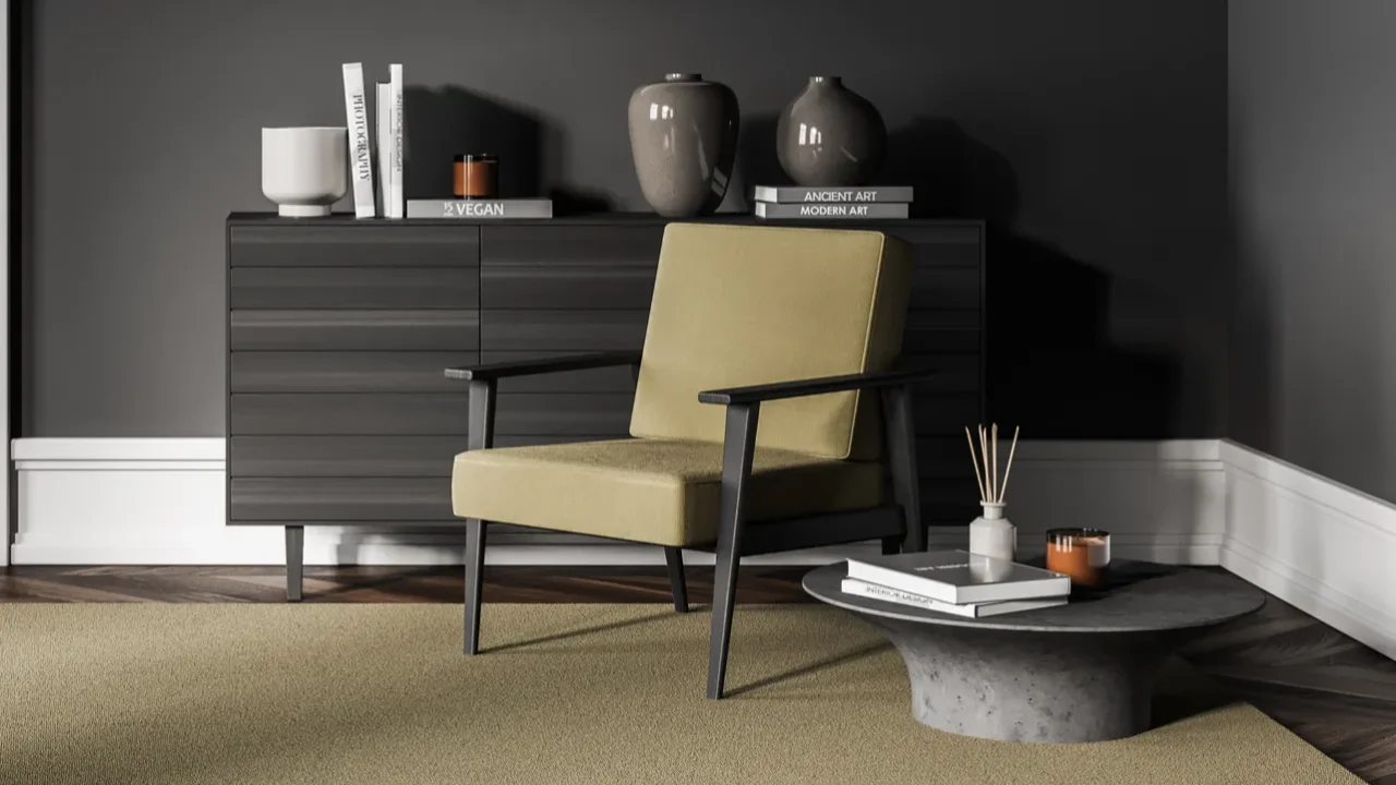 Grey and wooden living room interior with vintage armchair, concrete coffee table, and wooden console.