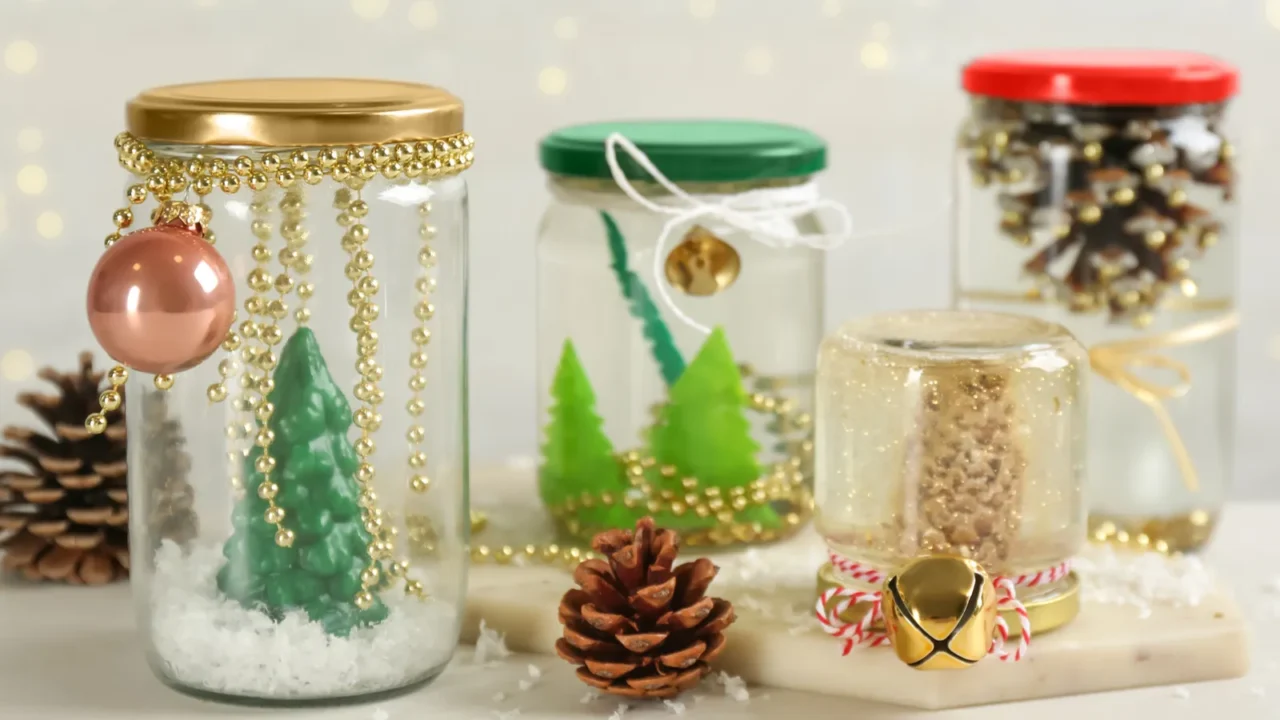 handmade snow globes and fir cones on light table