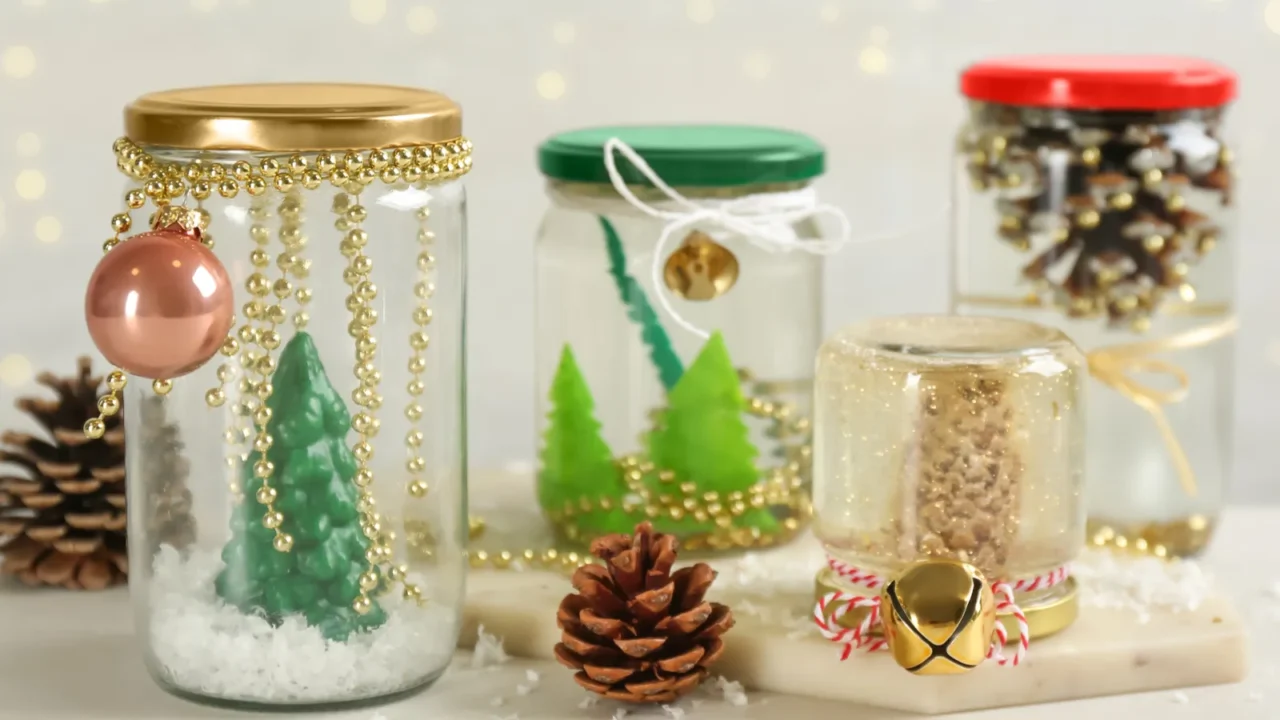 handmade snow globes and fir cones on light table